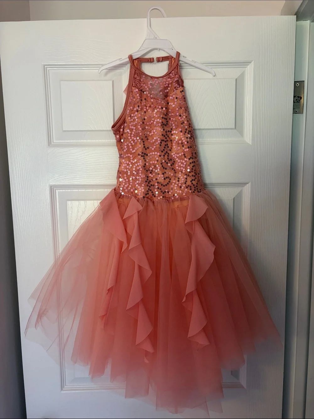 weissman high neck halter dress IC Coral Sequin Tulle Dress. With hair piece SID-TW2187B